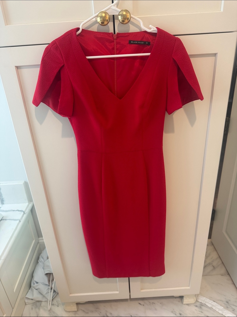 Black Halo Bright Red V-Neck Midi Sheath Dress